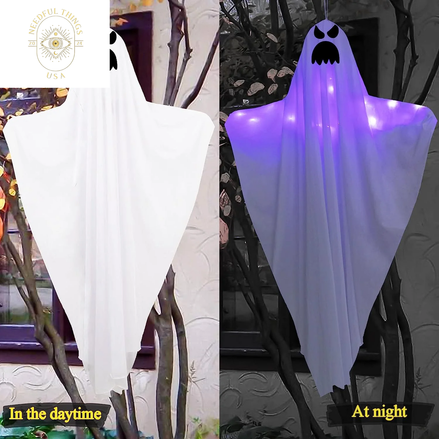 Guasslee 2 Pack 50 Inch Ghost Halloween Decorations Outdoor LED Light up White Ghost Hanging Decorations for Halloween Indoor Outdoor Tree Yard Dark Flying Ghost Decor Supplies