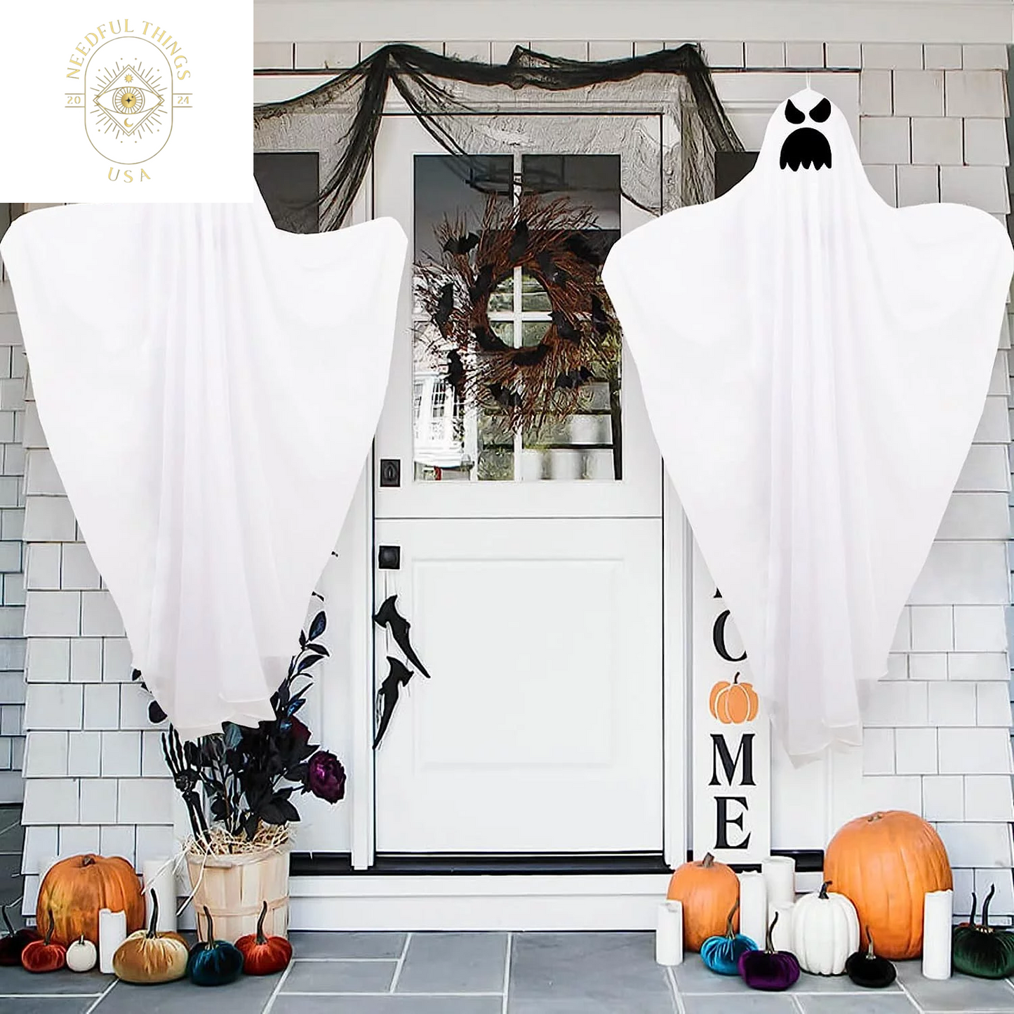 Guasslee 2 Pack 50 Inch Ghost Halloween Decorations Outdoor LED Light up White Ghost Hanging Decorations for Halloween Indoor Outdoor Tree Yard Dark Flying Ghost Decor Supplies
