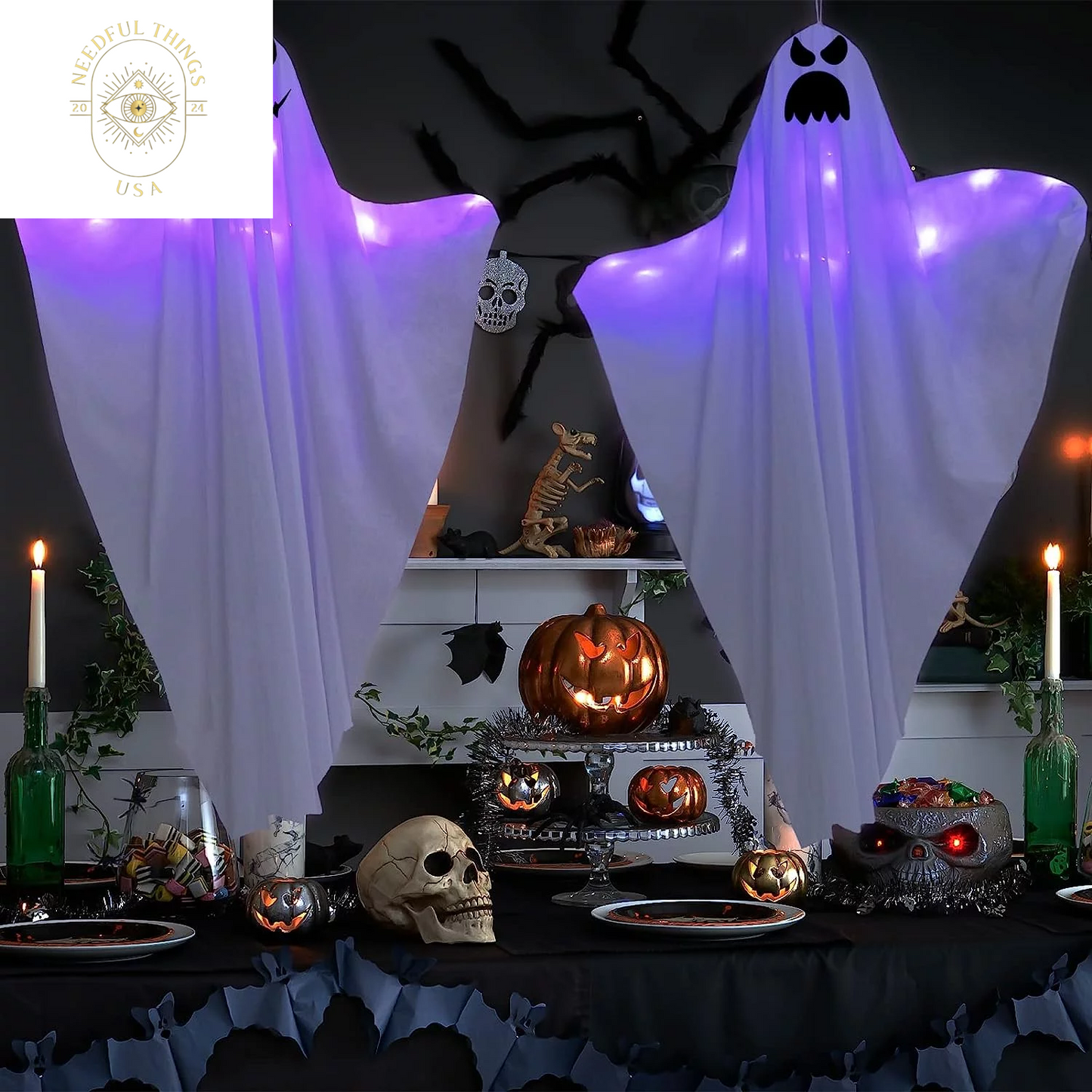 Guasslee 2 Pack 50 Inch Ghost Halloween Decorations Outdoor LED Light up White Ghost Hanging Decorations for Halloween Indoor Outdoor Tree Yard Dark Flying Ghost Decor Supplies