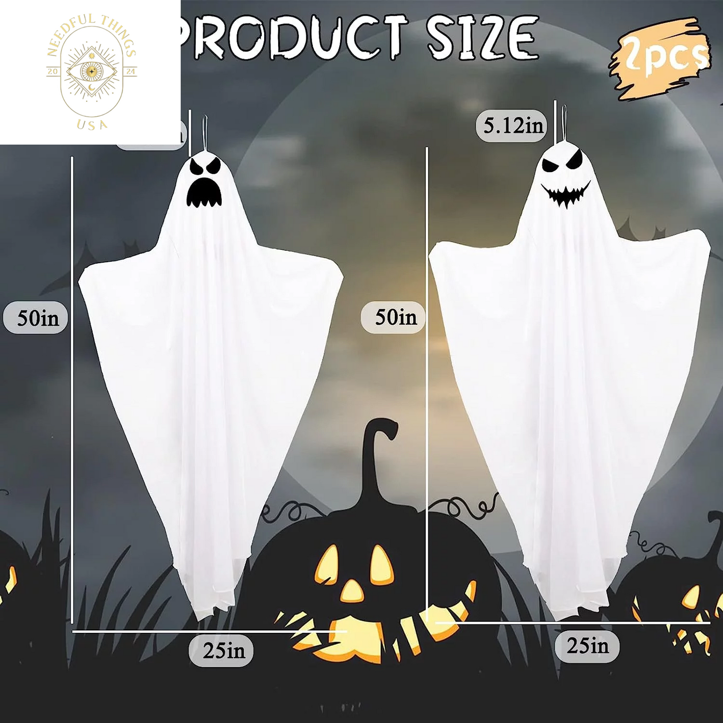 Guasslee 2 Pack 50 Inch Ghost Halloween Decorations Outdoor LED Light up White Ghost Hanging Decorations for Halloween Indoor Outdoor Tree Yard Dark Flying Ghost Decor Supplies