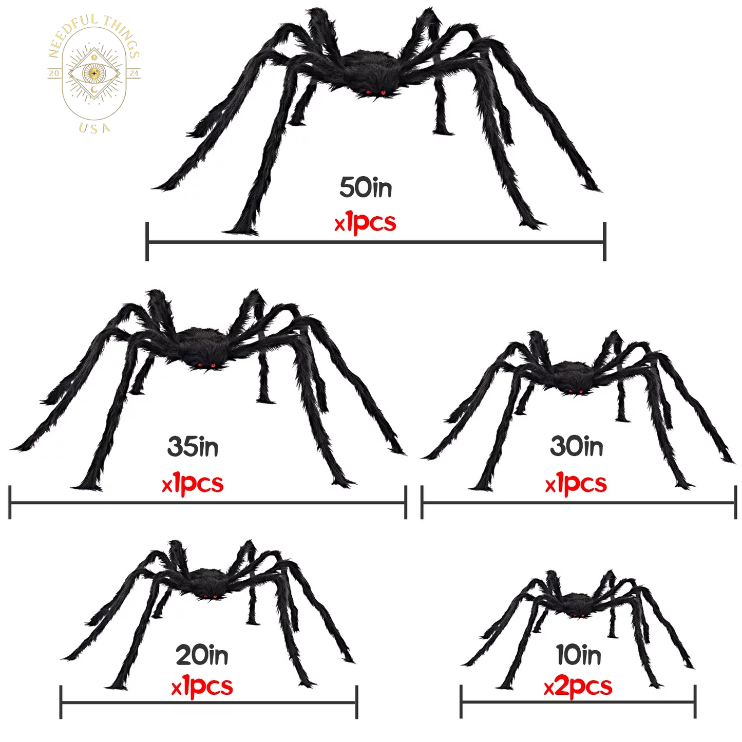 Halloween Spider Decorations, 6 Pcs Realistic Hairy Spiders Set, Scary Spider Props for Indoor, Outdoor and Yard Creepy Decor(50", 35", 30", 20", 12", 12")