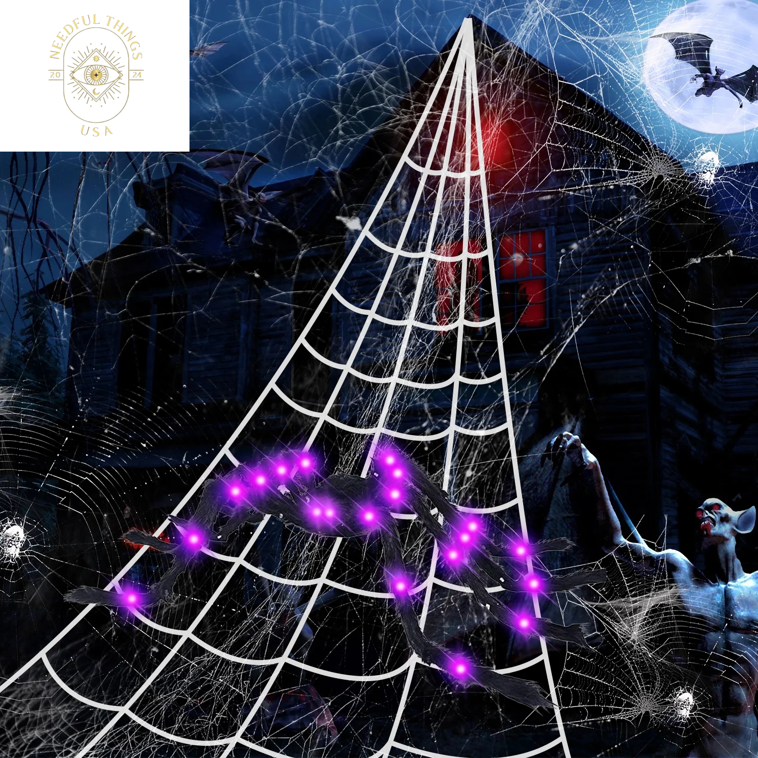 Spider Webs Decorations, 50'' Light-Up Giant Spider + 275'' Giant Triangular Spider Web + 100G Stretch Cobwebs for Decorations Outdoor Indoor Yard Home Parties House Dã©Cor