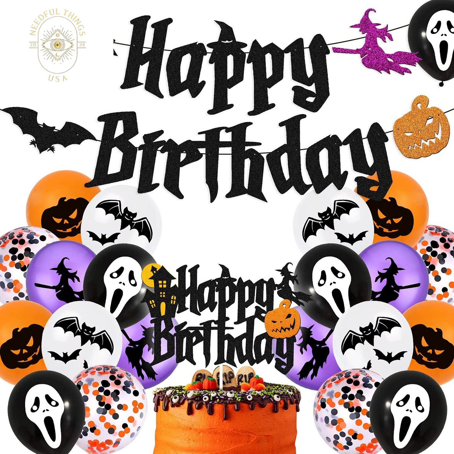 Halloween Birthday Decorations Happy Birthday Banner Halloween Cake Topper Balloons for Halloween Wizard Ghost Pumpkin Themed Birthday Party Supplies Black Sparkle Decor