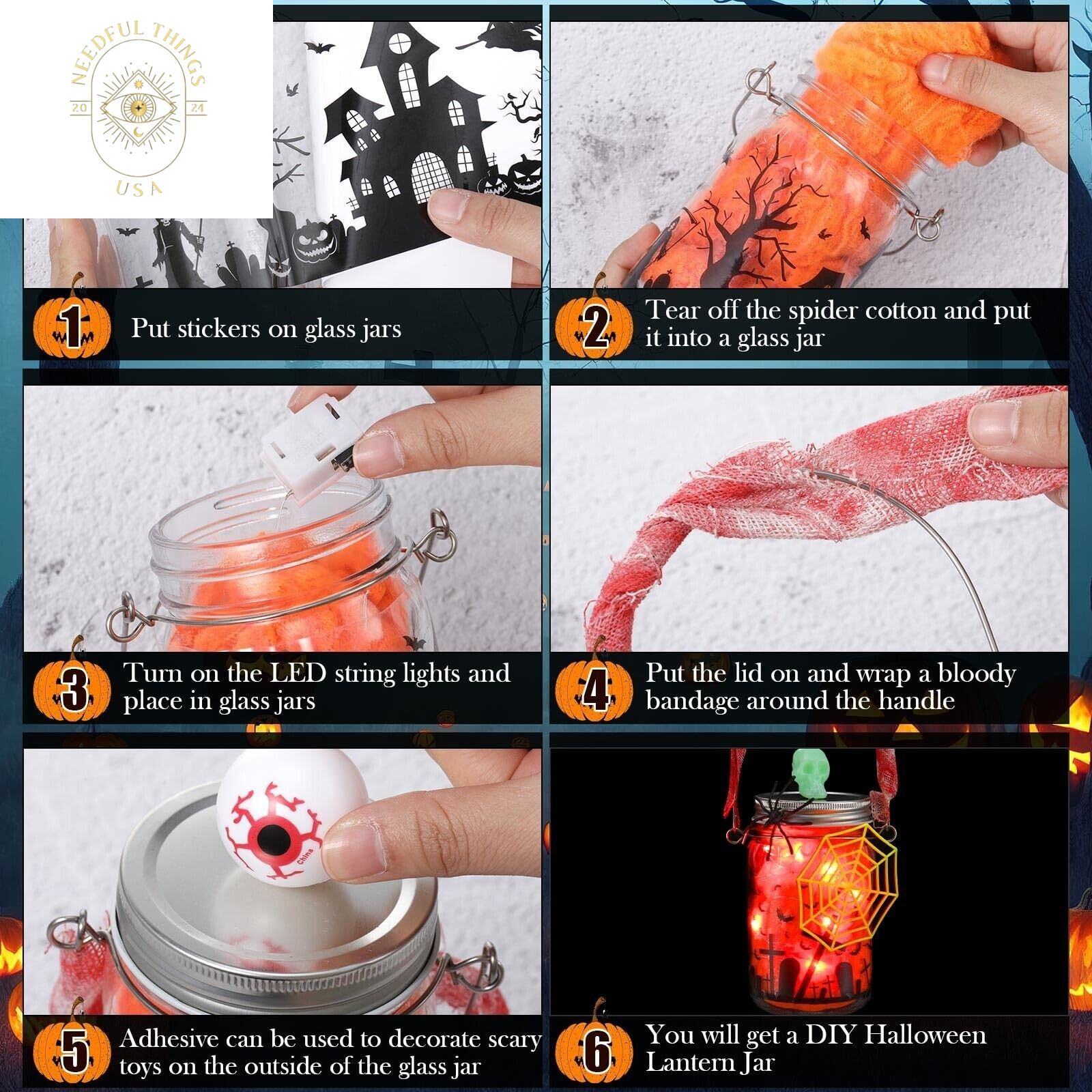 8 Pcs Halloween Lantern Craft Kit for Kids Glass Mason Jar Light with Accesso...