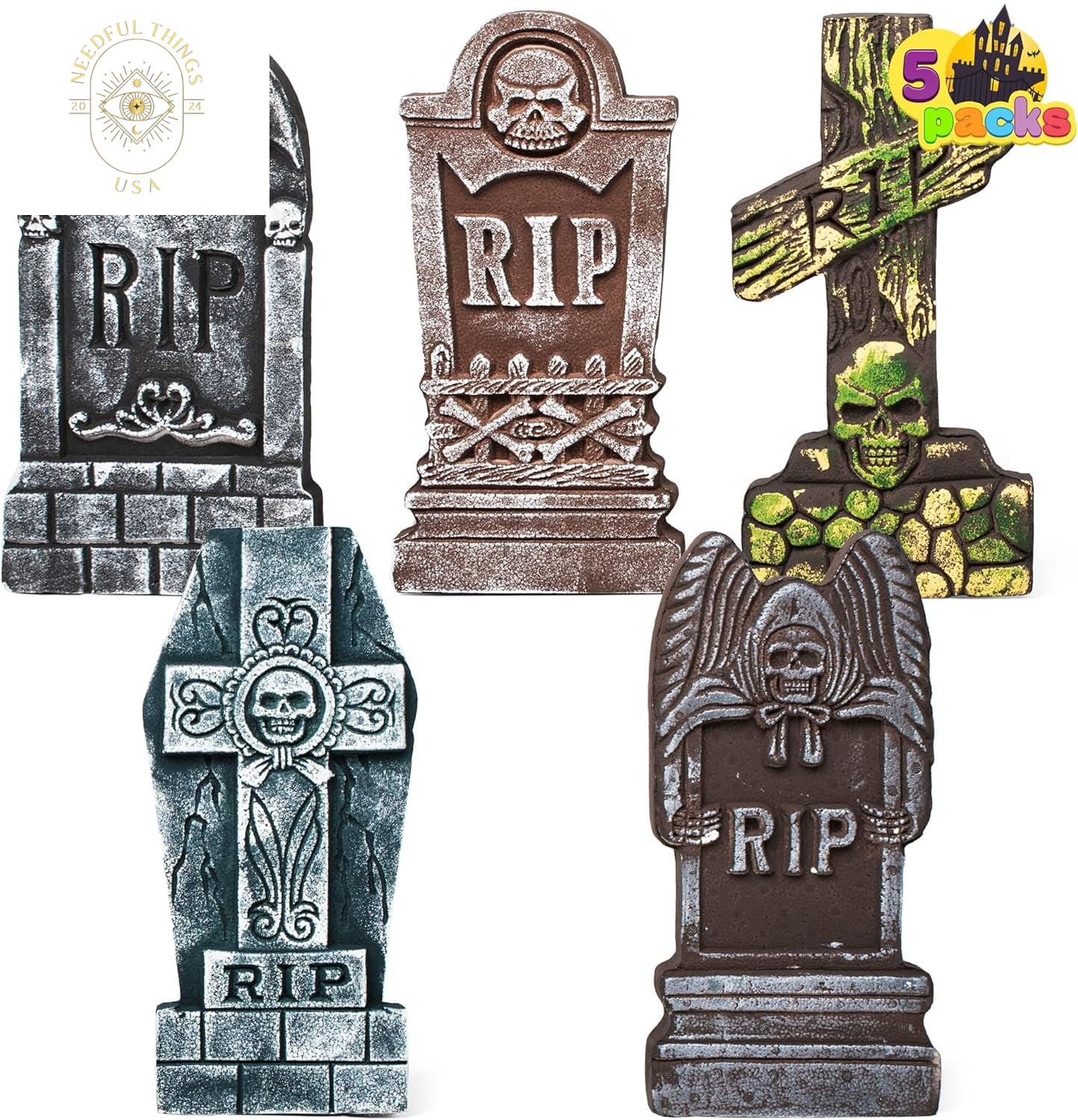 SYNCFUN 5 Packs Halloween Tombstones Decorations,17" Halloween Foam RIP Graveyard Decorations and 10 Bonus Metal Stakes for Halloween Outdoor Yard Decorations