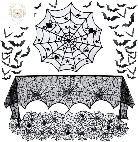 Hommtina 4 Pack Halloween Decorations Tablecloth Runner Black Lace round Spider Cobweb Table Cover Fireplace Mantel Scarf Spiderweb with 60 Pcs 3D PVC Scary Black Bat Sticker Halloween Party Supplies