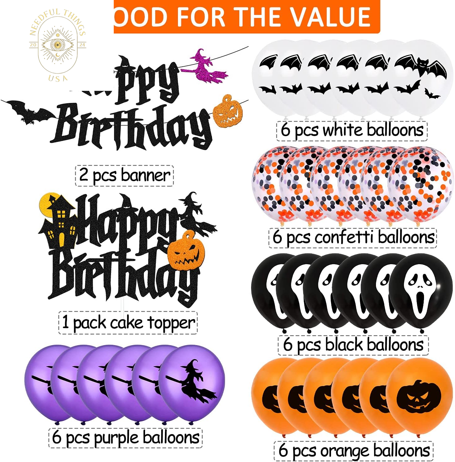 Halloween Birthday Decorations Happy Birthday Banner Halloween Cake Topper Balloons for Halloween Wizard Ghost Pumpkin Themed Birthday Party Supplies Black Sparkle Decor