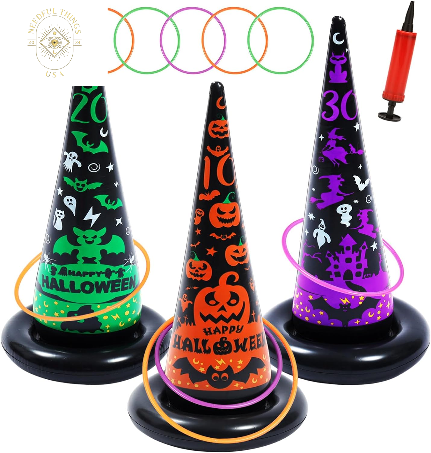 16PCS Halloween Inflatable Witch Hat Ring Toss Game Halloween Games with 10 Rings and Pump Halloween Decorations Gift for Kids Adults Family Party Games