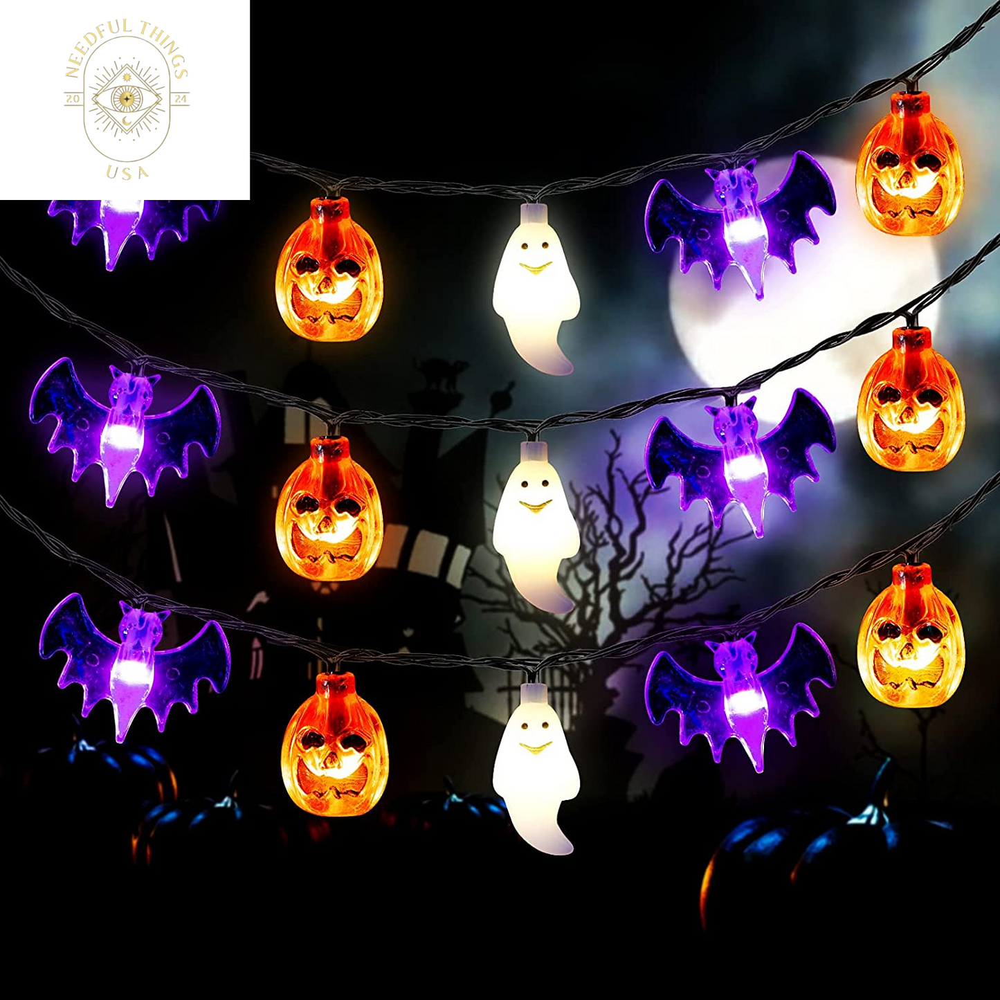 Mosoan Halloween String Lights Battery Operated 20 Feet 30 LED 3D Pumpkin Bat Ghost Lights with Timer - 8 Light Modes Halloween Decorations Lights Indoor Outdoor Cute Halloween Party Decor (Upgrade)