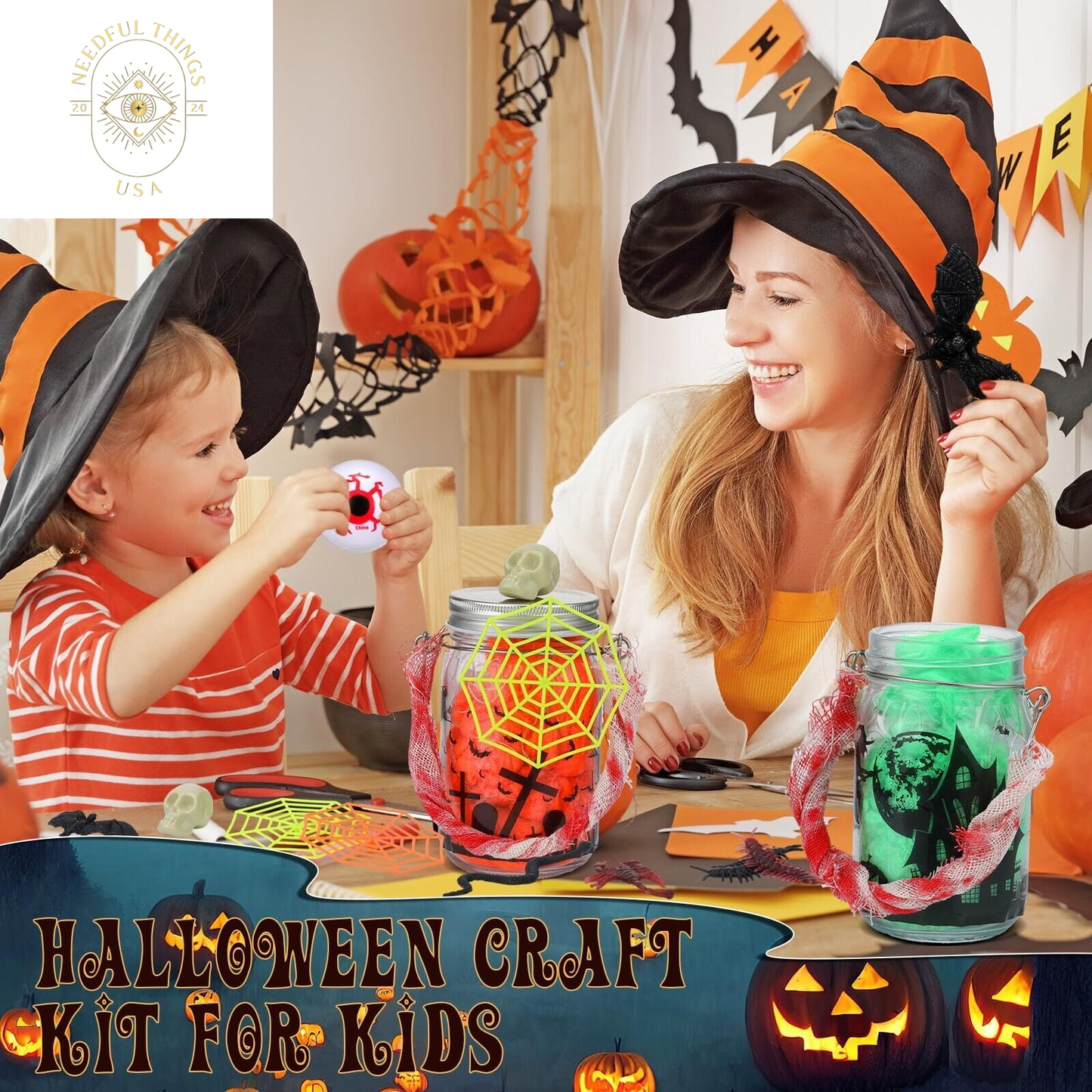 8 Pcs Halloween Lantern Craft Kit for Kids Glass Mason Jar Light with Accesso...