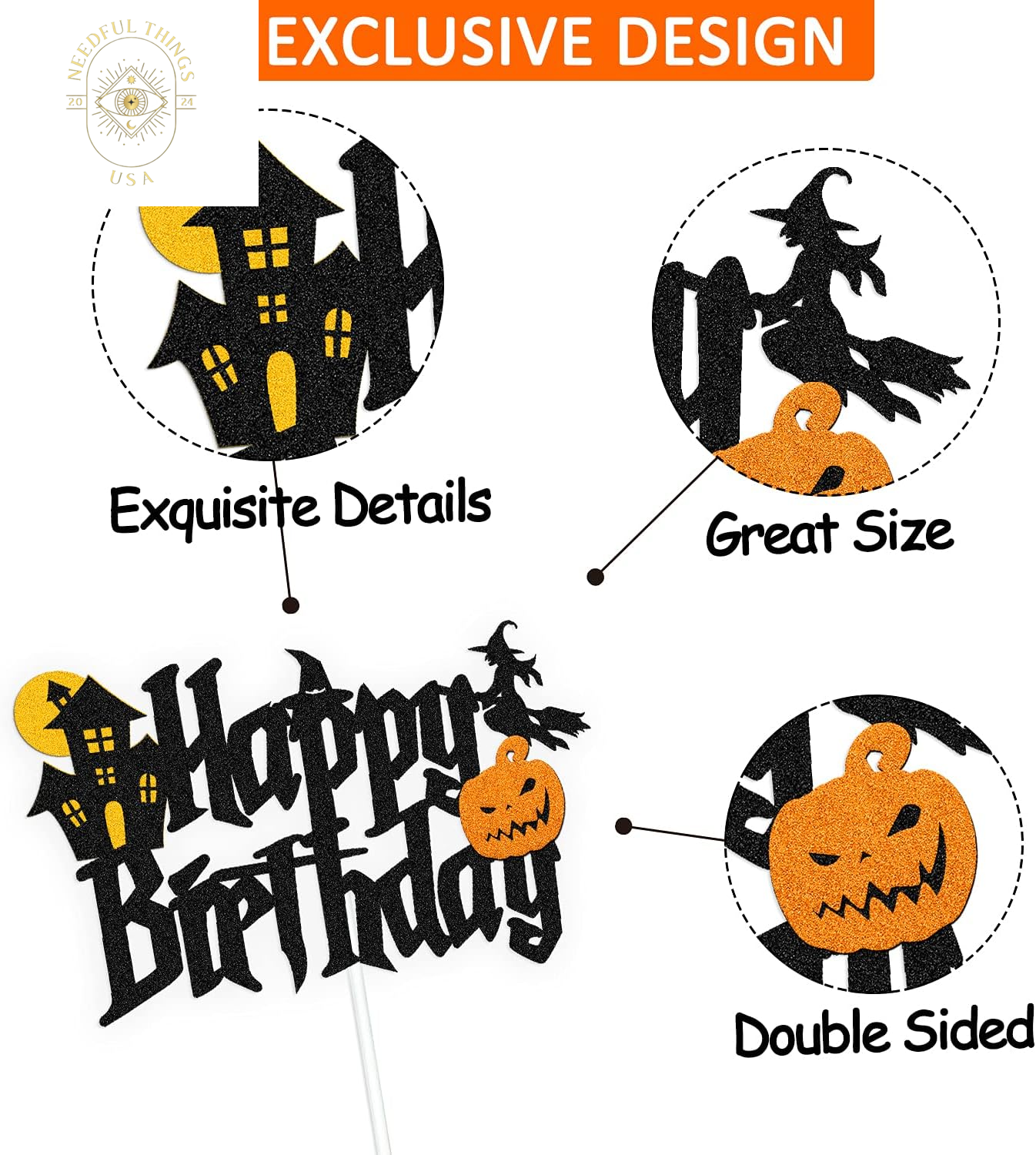 Halloween Birthday Decorations Happy Birthday Banner Halloween Cake Topper Balloons for Halloween Wizard Ghost Pumpkin Themed Birthday Party Supplies Black Sparkle Decor