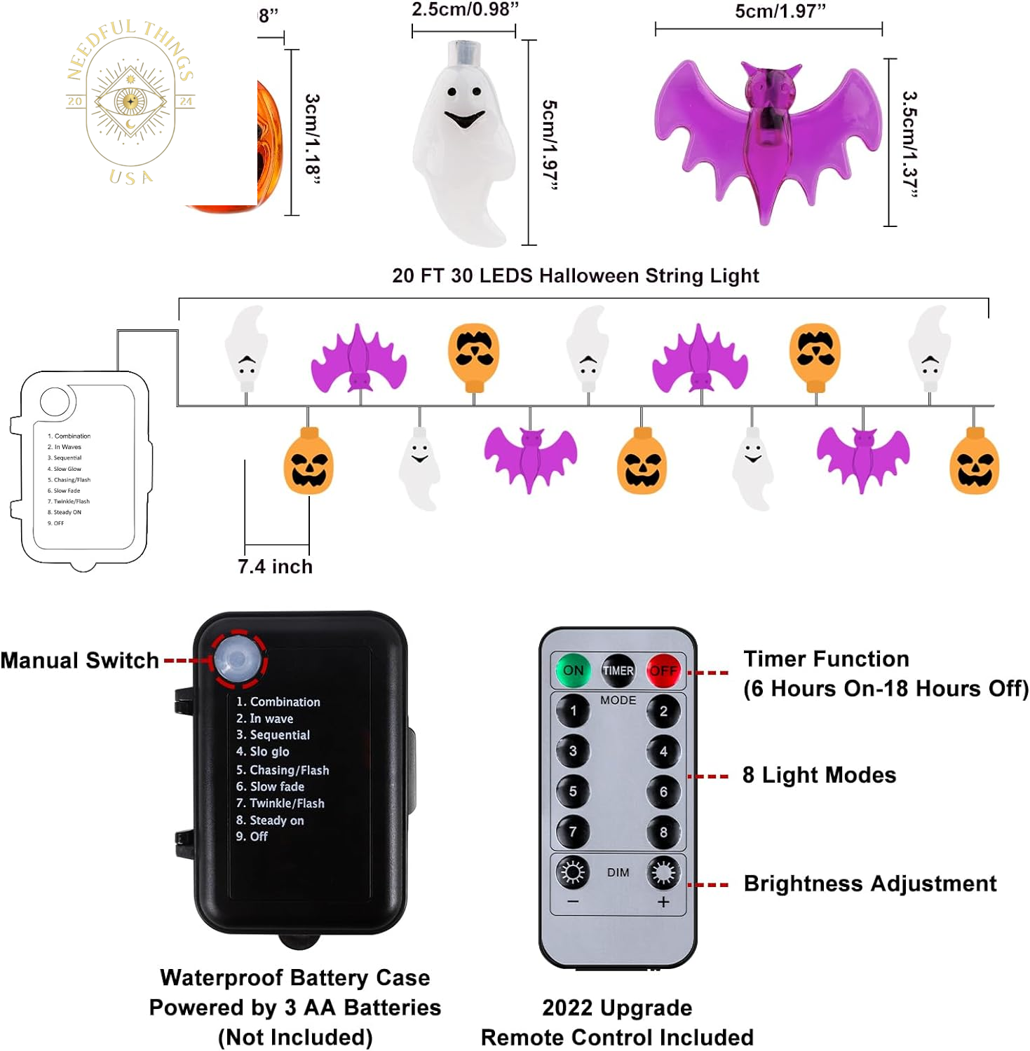 Mosoan Halloween String Lights Battery Operated 20 Feet 30 LED 3D Pumpkin Bat Ghost Lights with Timer - 8 Light Modes Halloween Decorations Lights Indoor Outdoor Cute Halloween Party Decor (Upgrade)