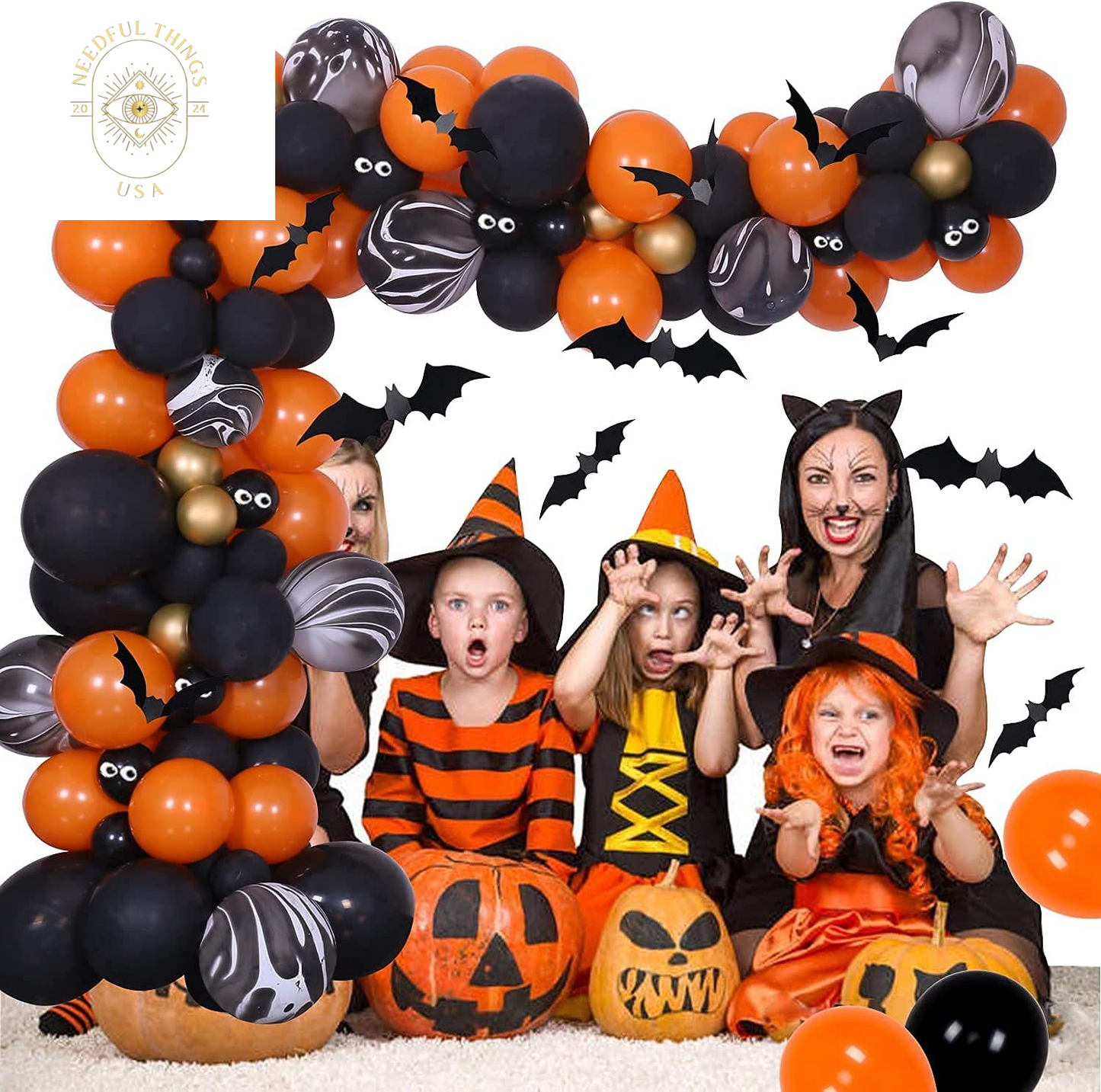 Halloween Balloons Garland Arch Kit, Halloween Party Decorations Set with Halloween Banner Orange,Black and Gold Balloons,Bats Decoration for Halloween Party Supplies