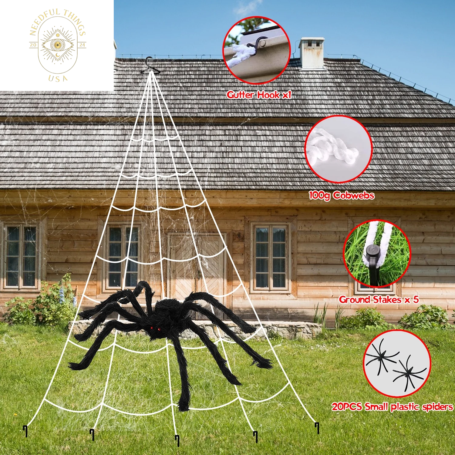 Spider Webs Decorations, 50'' Light-Up Giant Spider + 275'' Giant Triangular Spider Web + 100G Stretch Cobwebs for Decorations Outdoor Indoor Yard Home Parties House Dã©Cor