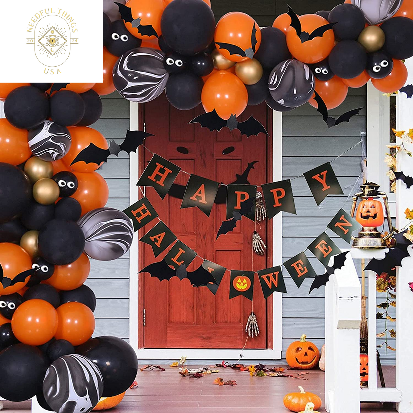 Halloween Balloons Garland Arch Kit, Halloween Party Decorations Set with Halloween Banner Orange,Black and Gold Balloons,Bats Decoration for Halloween Party Supplies