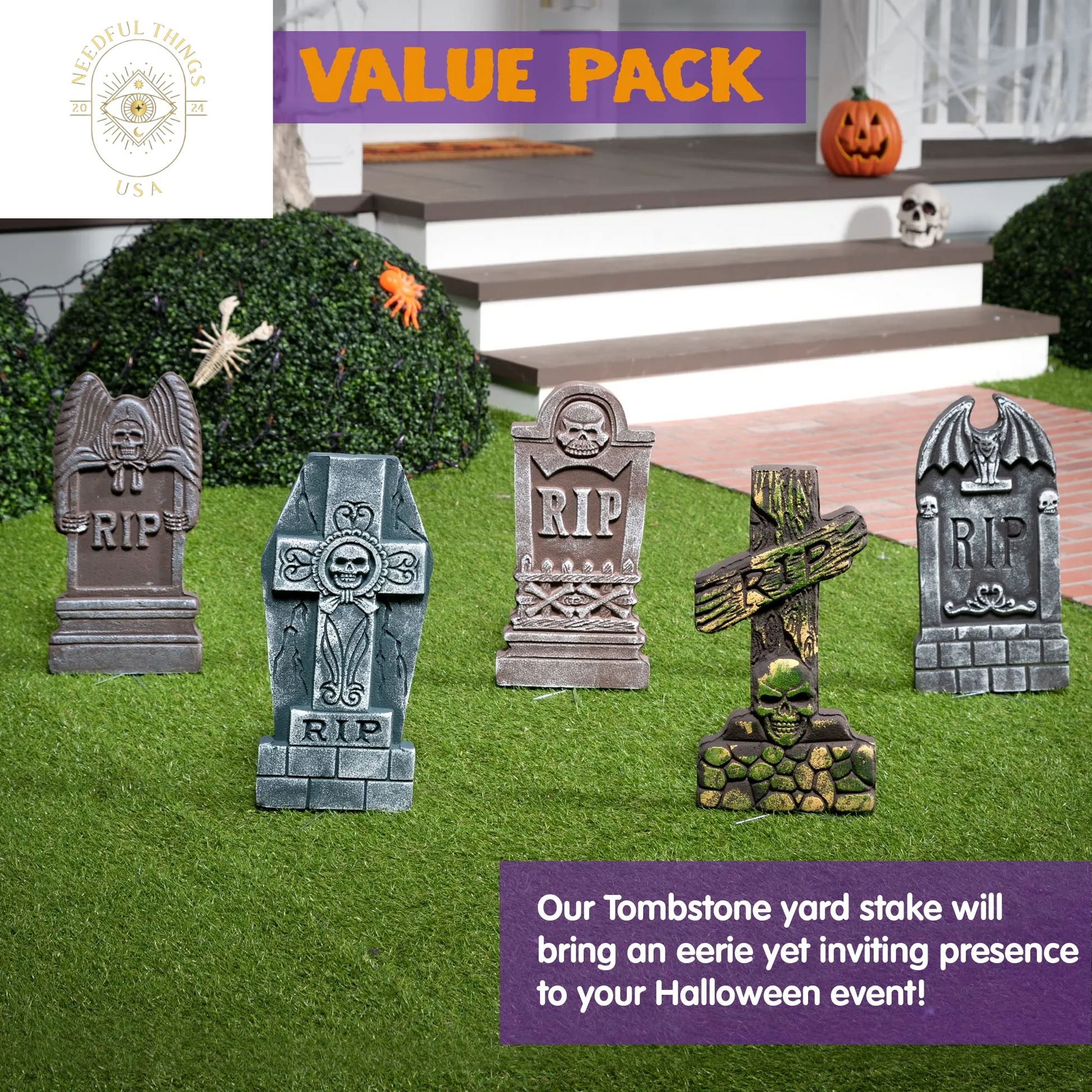 SYNCFUN 5 Packs Halloween Tombstones Decorations,17" Halloween Foam RIP Graveyard Decorations and 10 Bonus Metal Stakes for Halloween Outdoor Yard Decorations