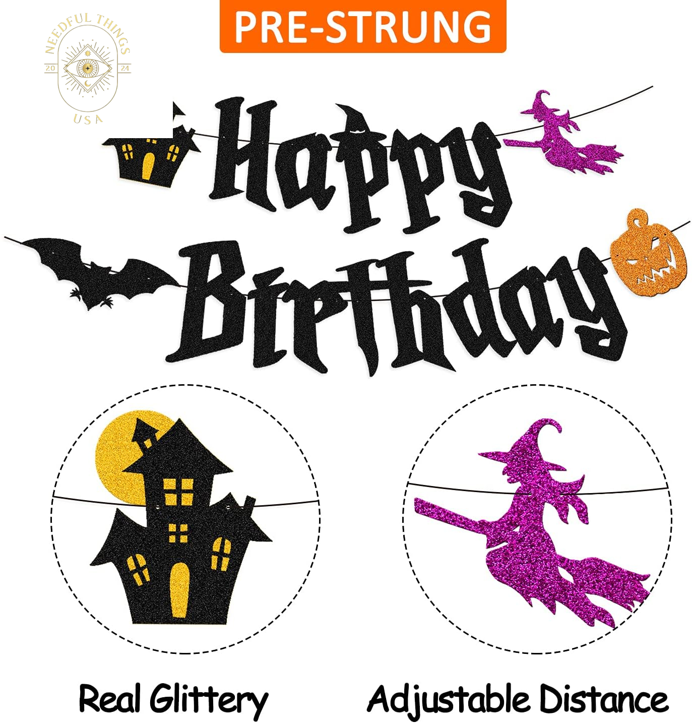 Halloween Birthday Decorations Happy Birthday Banner Halloween Cake Topper Balloons for Halloween Wizard Ghost Pumpkin Themed Birthday Party Supplies Black Sparkle Decor