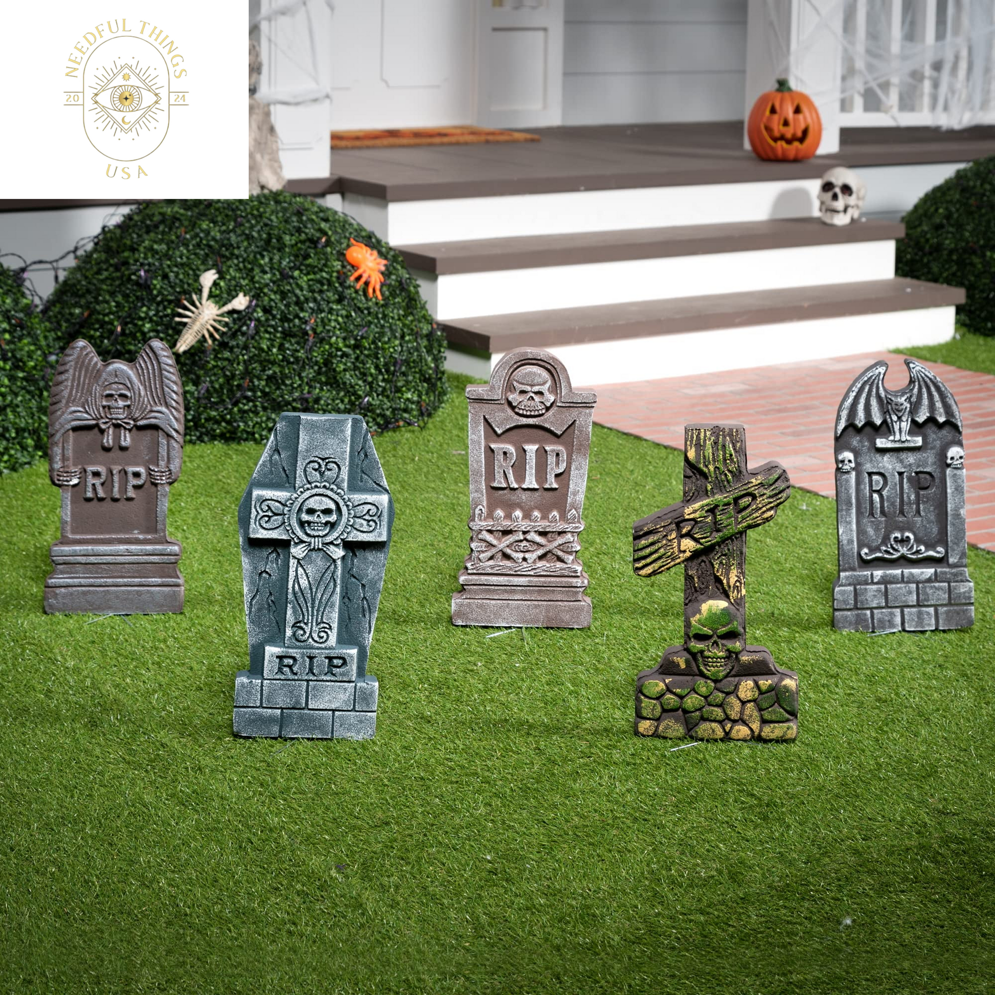 SYNCFUN 5 Packs Halloween Tombstones Decorations,17" Halloween Foam RIP Graveyard Decorations and 10 Bonus Metal Stakes for Halloween Outdoor Yard Decorations