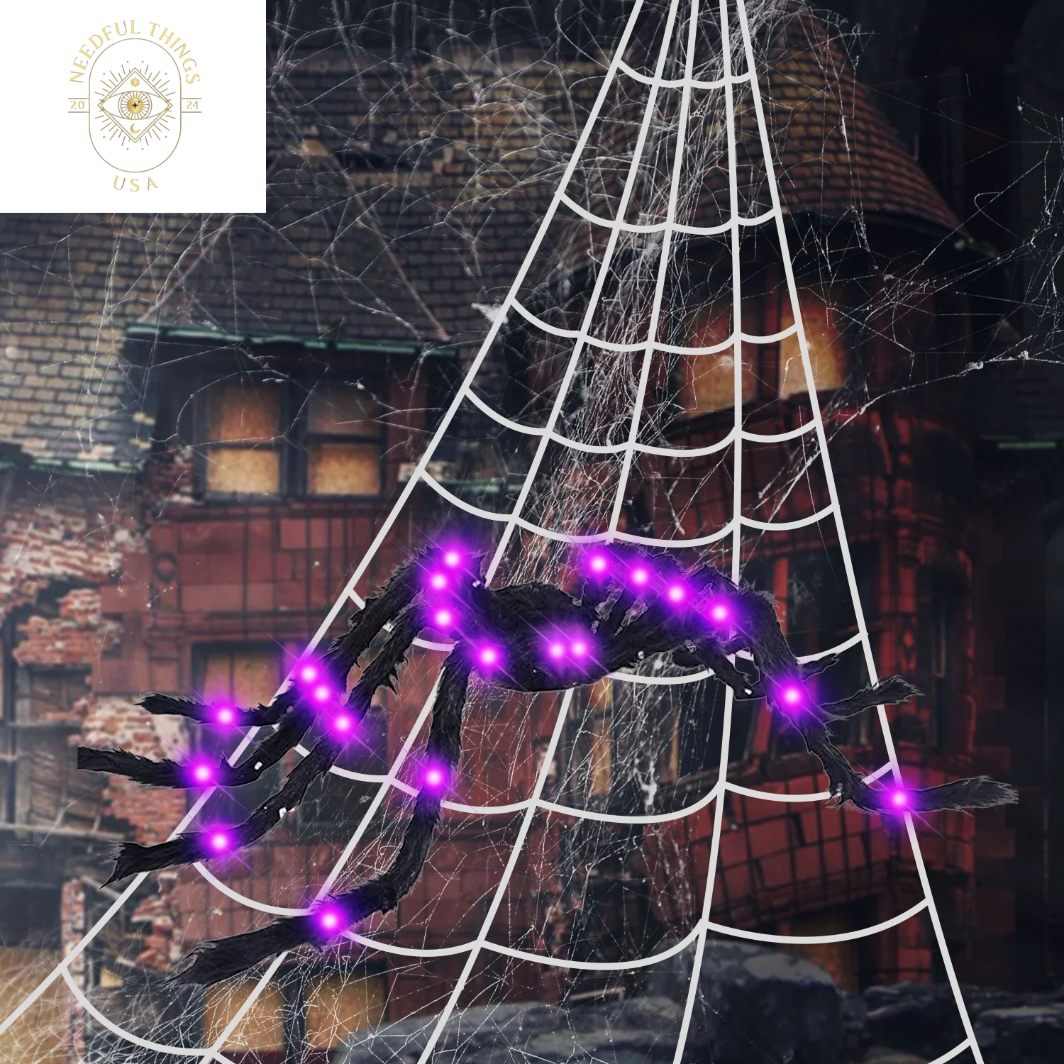 Spider Webs Decorations, 50'' Light-Up Giant Spider + 275'' Giant Triangular Spider Web + 100G Stretch Cobwebs for Decorations Outdoor Indoor Yard Home Parties House Dã©Cor