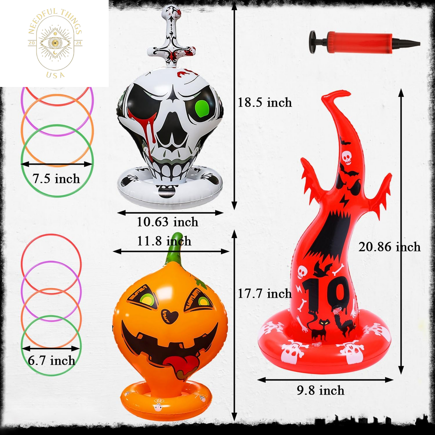 16PCS Halloween Inflatable Witch Hat Ring Toss Game Halloween Games with 10 Rings and Pump Halloween Decorations Gift for Kids Adults Family Party Games