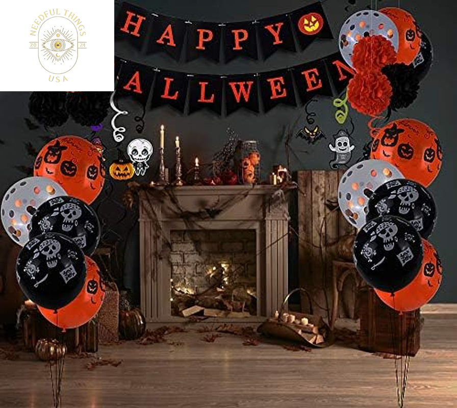 Halloween Party Decorations Kit, Happy Banner, Latex Balloons Are Printed with Patterns, Hanging Swirls, Paper Garlands Home Party Halloween Decoration Supplies（48 Pack ）