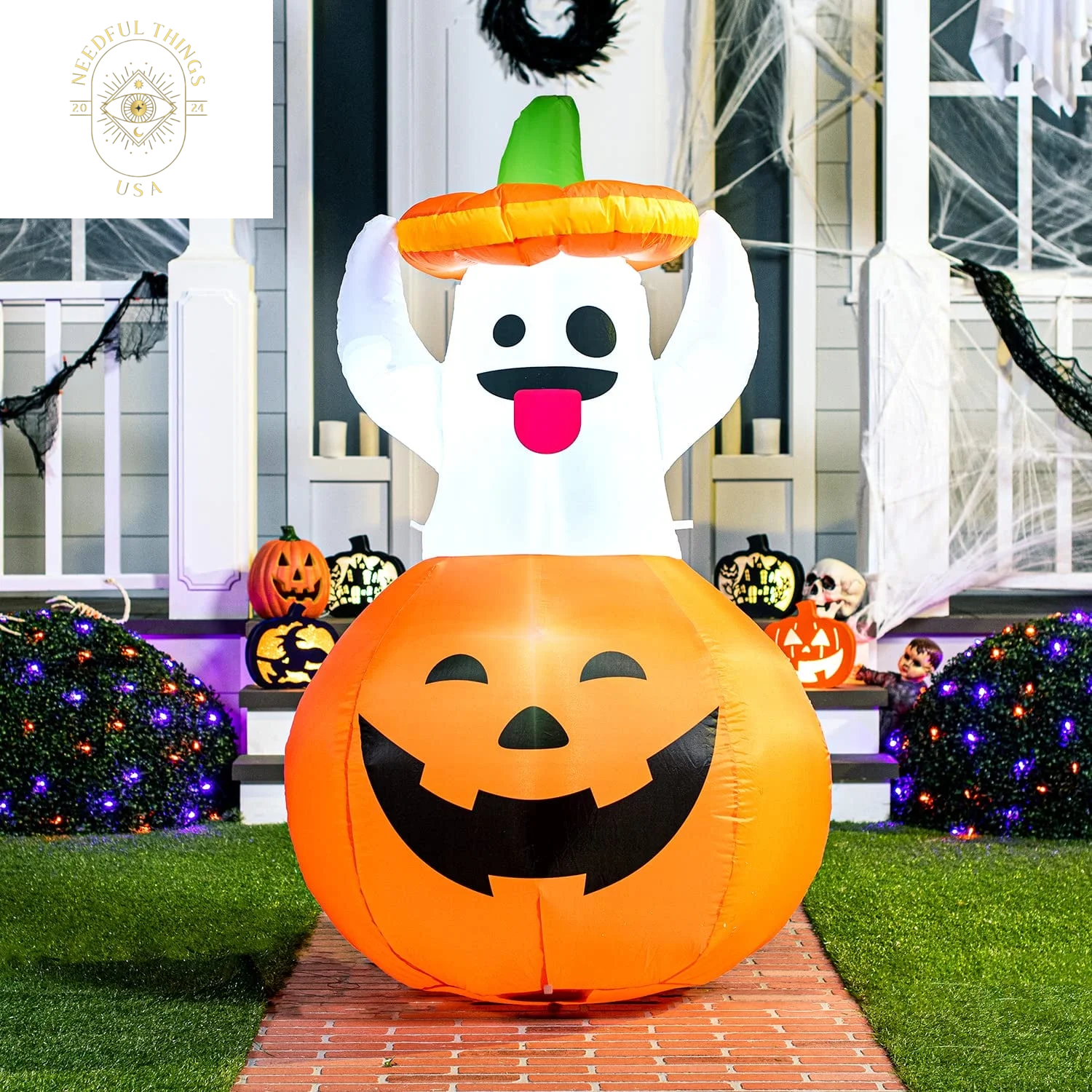 Syncfun 5 FT Halloween Inflatables Light up Pumpkin Ghosts Halloween Inflatables Outdoor Decorations,Blow up Halloween Yard Decorations