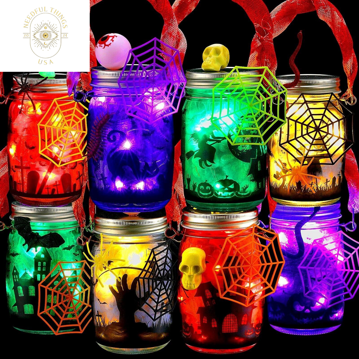 8 Pcs Halloween Lantern Craft Kit for Kids Glass Mason Jar Light with Accesso...