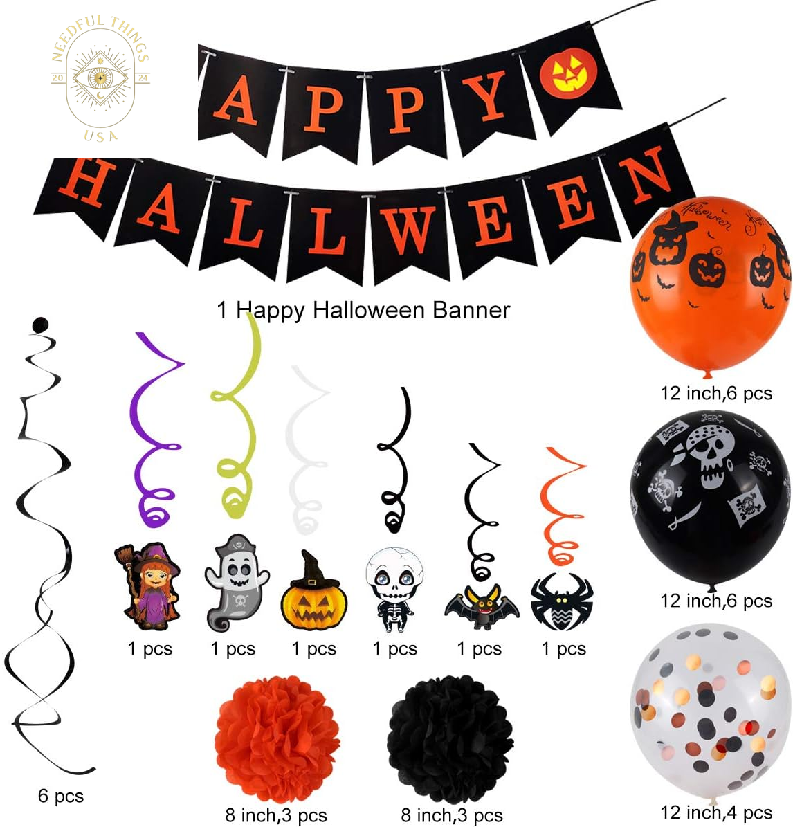 Halloween Party Decorations Kit, Happy Banner, Latex Balloons Are Printed with Patterns, Hanging Swirls, Paper Garlands Home Party Halloween Decoration Supplies（48 Pack ）