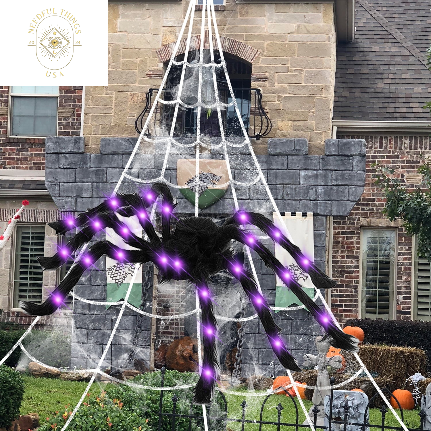 Spider Webs Decorations, 50'' Light-Up Giant Spider + 275'' Giant Triangular Spider Web + 100G Stretch Cobwebs for Decorations Outdoor Indoor Yard Home Parties House Dã©Cor