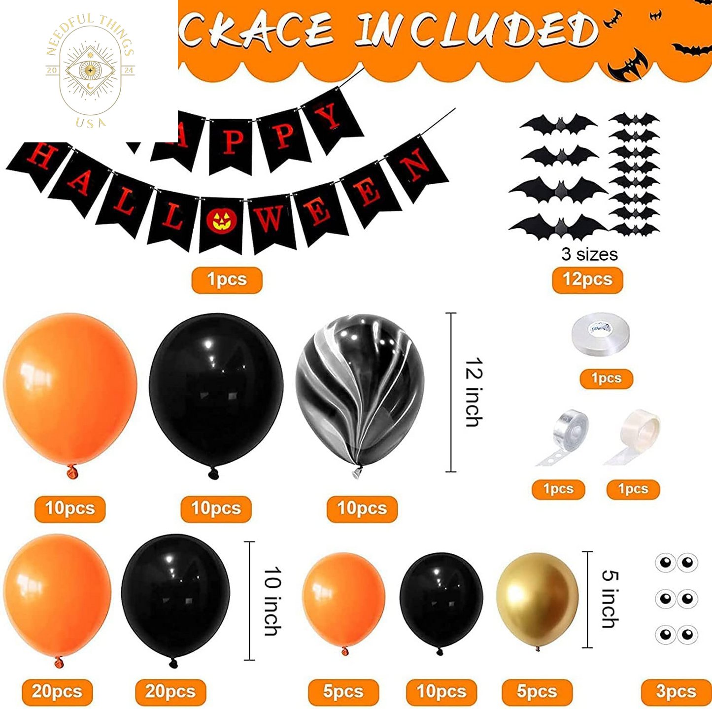 Halloween Balloons Garland Arch Kit, Halloween Party Decorations Set with Halloween Banner Orange,Black and Gold Balloons,Bats Decoration for Halloween Party Supplies