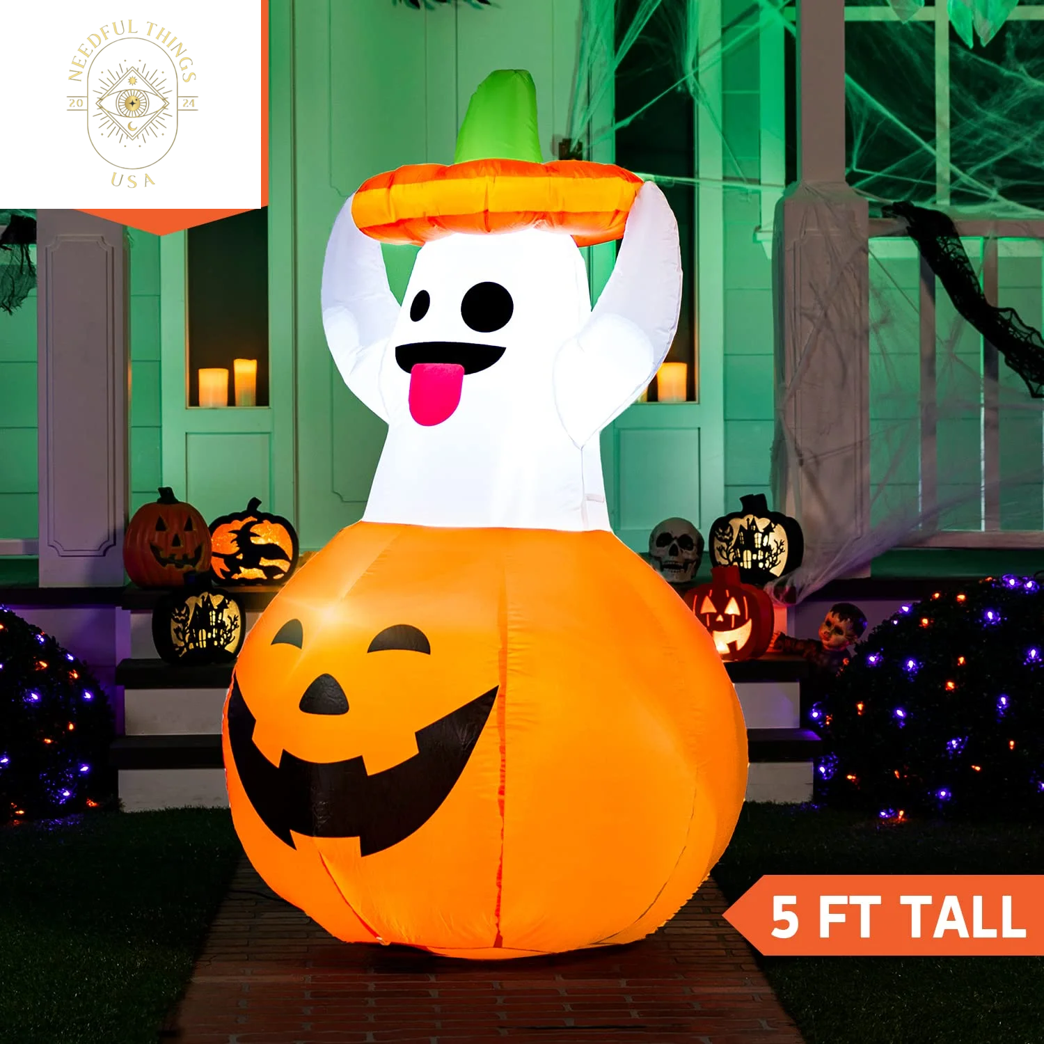 Syncfun 5 FT Halloween Inflatables Light up Pumpkin Ghosts Halloween Inflatables Outdoor Decorations,Blow up Halloween Yard Decorations