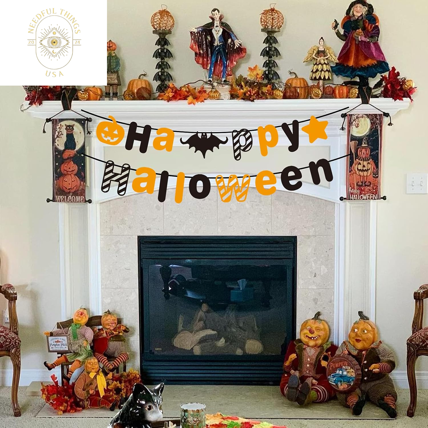 Orange Black Halloween Party Banner with Bat Pumpkin Sign Happy Halloween Letter Banner for Haunted Houses Doorways Home Outdoor Indoor Party Decorations