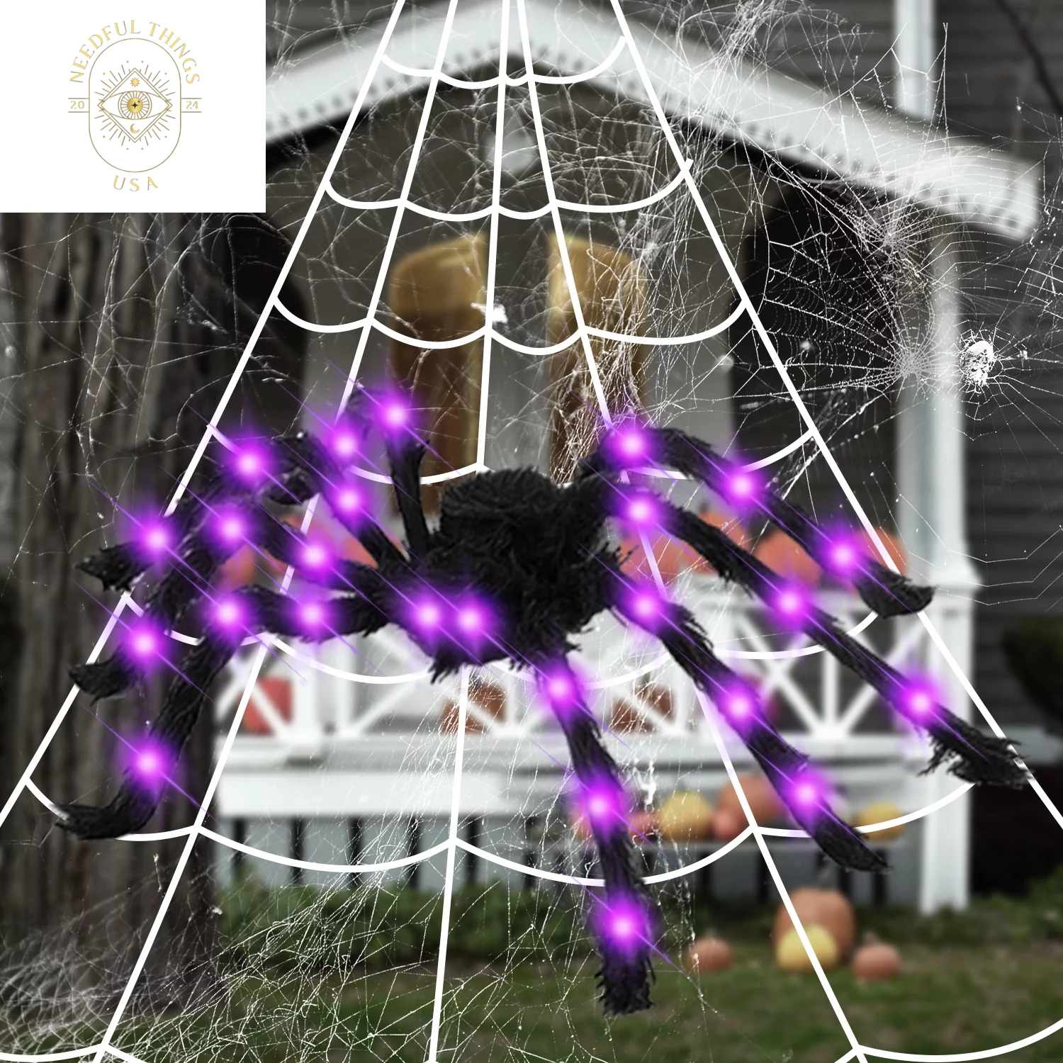 Spider Webs Decorations, 50'' Light-Up Giant Spider + 275'' Giant Triangular Spider Web + 100G Stretch Cobwebs for Decorations Outdoor Indoor Yard Home Parties House Dã©Cor