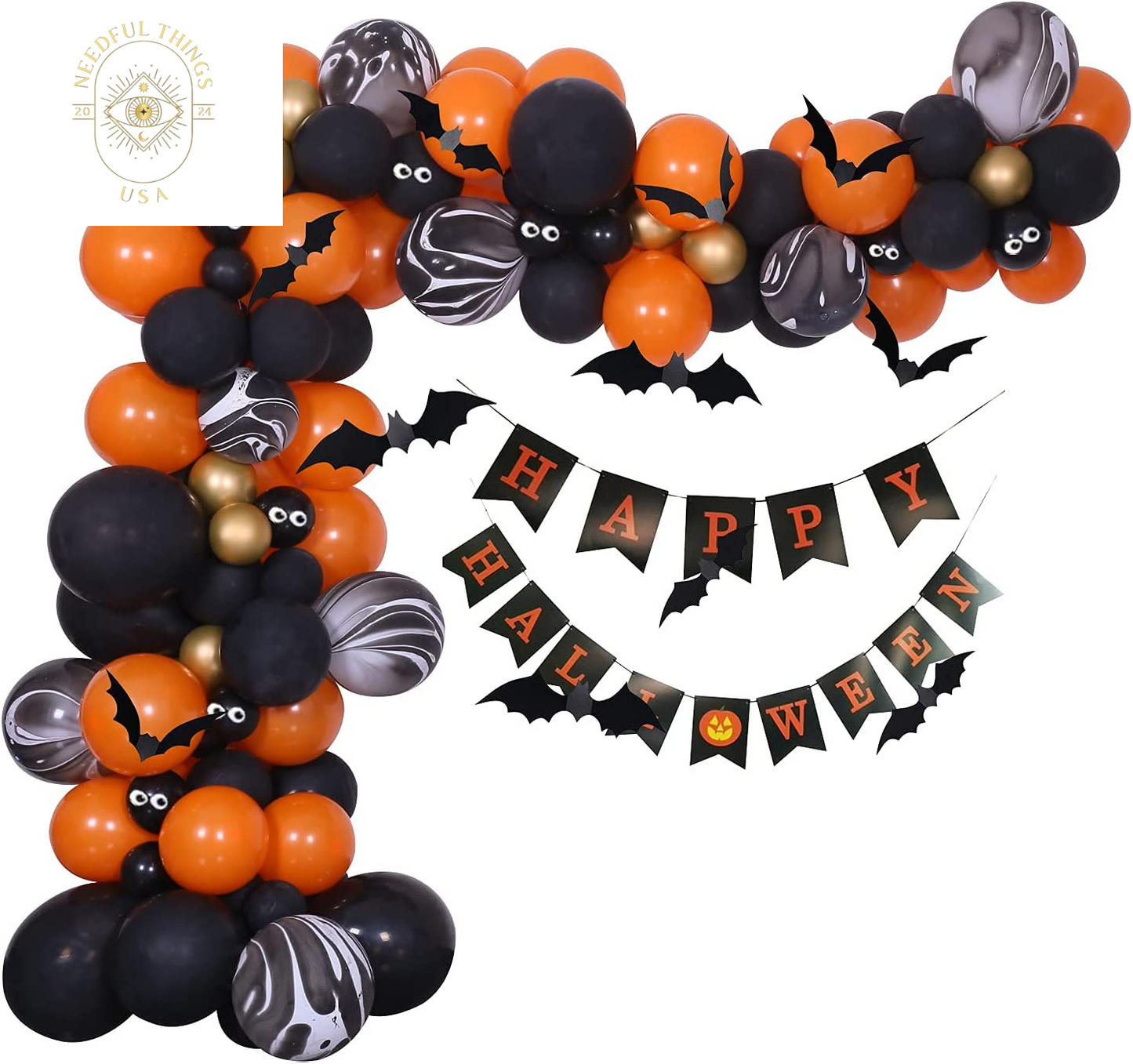 Halloween Balloons Garland Arch Kit, Halloween Party Decorations Set with Halloween Banner Orange,Black and Gold Balloons,Bats Decoration for Halloween Party Supplies