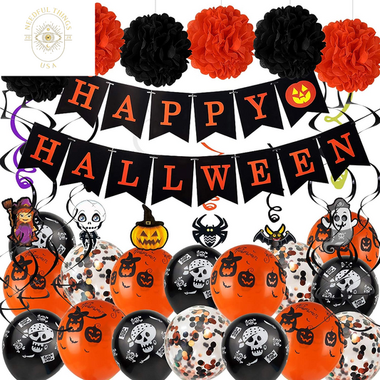 Halloween Party Decorations Kit, Happy Banner, Latex Balloons Are Printed with Patterns, Hanging Swirls, Paper Garlands Home Party Halloween Decoration Supplies（48 Pack ）