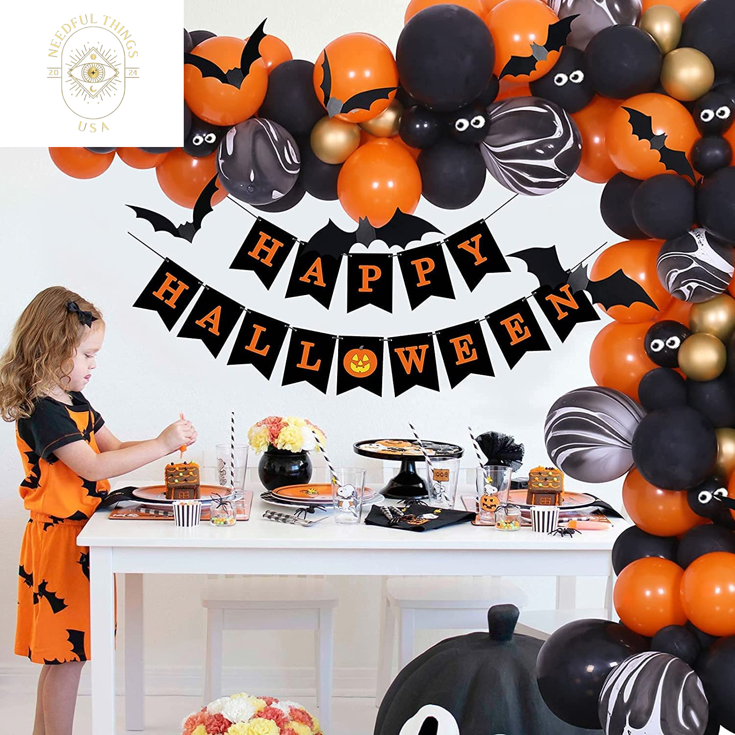 Halloween Balloons Garland Arch Kit, Halloween Party Decorations Set with Halloween Banner Orange,Black and Gold Balloons,Bats Decoration for Halloween Party Supplies