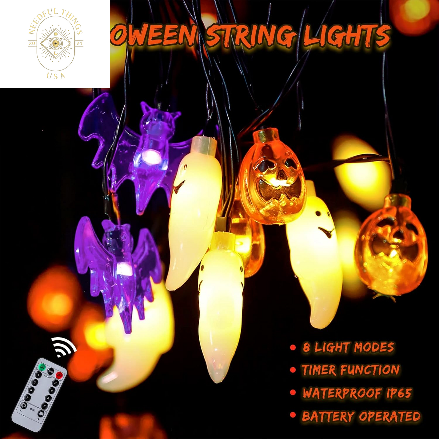 Mosoan Halloween String Lights Battery Operated 20 Feet 30 LED 3D Pumpkin Bat Ghost Lights with Timer - 8 Light Modes Halloween Decorations Lights Indoor Outdoor Cute Halloween Party Decor (Upgrade)