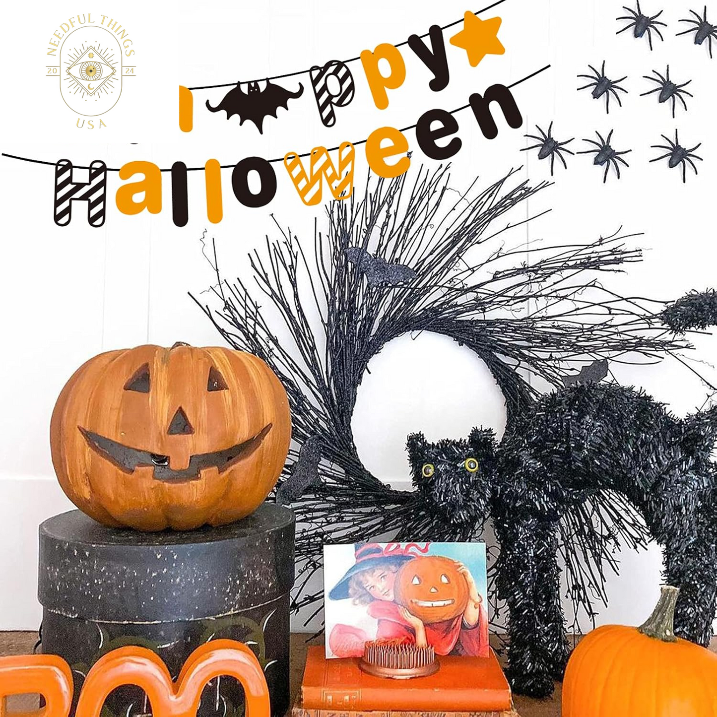 Orange Black Halloween Party Banner with Bat Pumpkin Sign Happy Halloween Letter Banner for Haunted Houses Doorways Home Outdoor Indoor Party Decorations