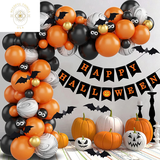 Halloween Balloons Garland Arch Kit, Halloween Party Decorations Set with Halloween Banner Orange,Black and Gold Balloons,Bats Decoration for Halloween Party Supplies