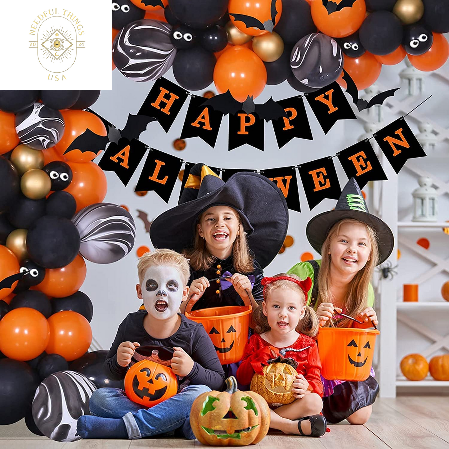 Halloween Balloons Garland Arch Kit, Halloween Party Decorations Set with Halloween Banner Orange,Black and Gold Balloons,Bats Decoration for Halloween Party Supplies