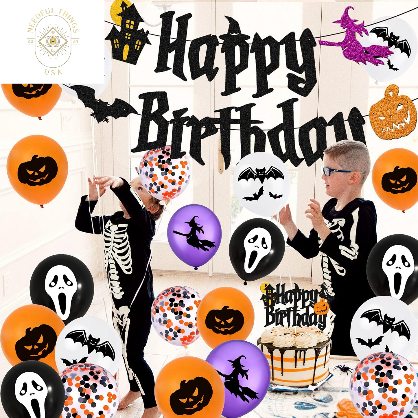 Halloween Birthday Decorations Happy Birthday Banner Halloween Cake Topper Balloons for Halloween Wizard Ghost Pumpkin Themed Birthday Party Supplies Black Sparkle Decor