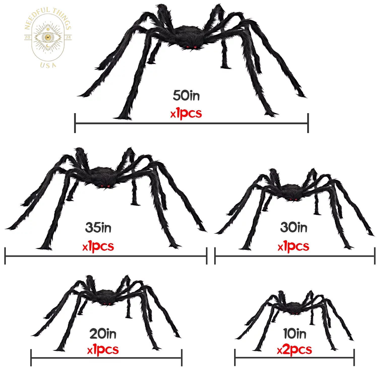 Halloween Spider Decorations, 6 Pcs Realistic Hairy Spiders Set, Scary Spider Props for Indoor, Outdoor and Yard Creepy Decor(50", 35", 30", 20", 12", 12")