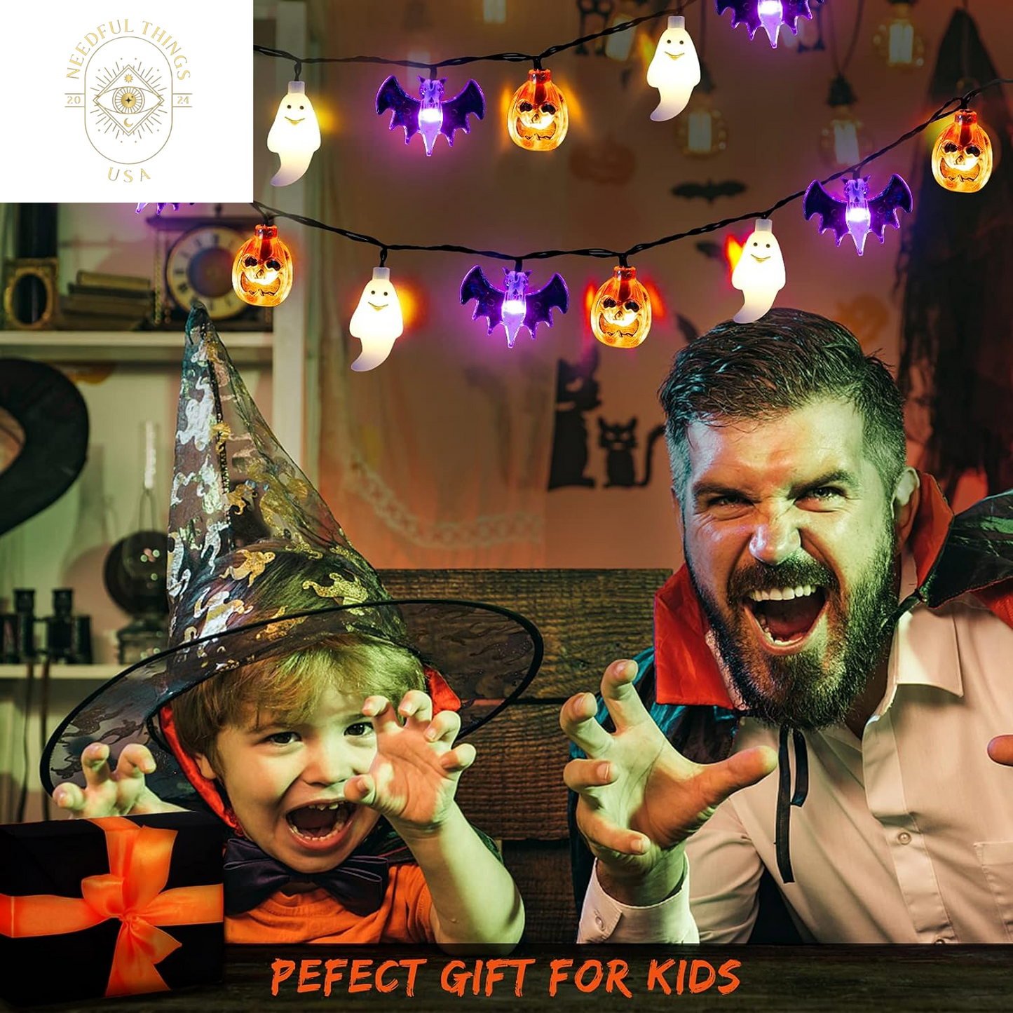 Mosoan Halloween String Lights Battery Operated 20 Feet 30 LED 3D Pumpkin Bat Ghost Lights with Timer - 8 Light Modes Halloween Decorations Lights Indoor Outdoor Cute Halloween Party Decor (Upgrade)